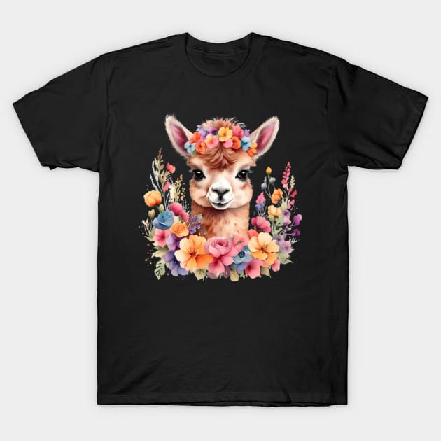 An alpaca decorated with beautiful watercolor flowers T-Shirt by CreativeSparkzz